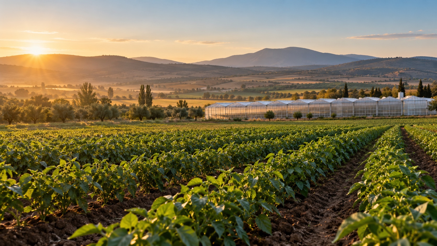 Early-morning view across crop rows with modern greenhouse infrastructure